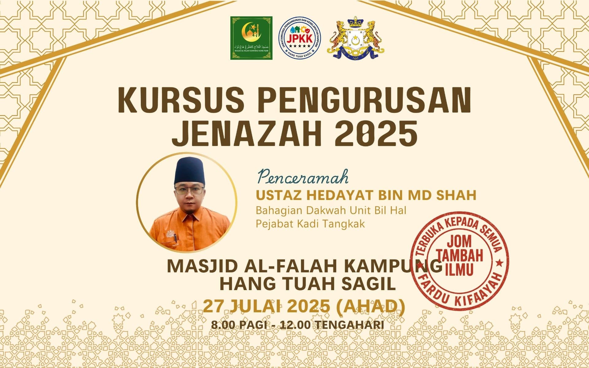 Kursus Pengurusan Jenazah Lelaki - Masjid Al-Falah Kg Hang Tuah